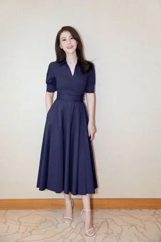 高圆圆同款v领高腰修身系带大摆连衣裙