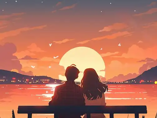情侣紧挨着坐在一起的背影唯美浪漫情人节爱情双人手绘插画温馨氛围感