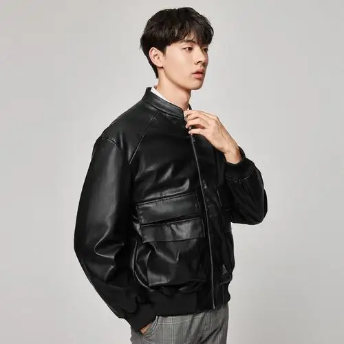 gxg男装 2020热卖休闲修身黑色潮流圆领pu皮衣男士夹克外套 - gxg官方