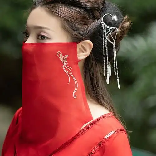 面纱古风新款荟汐同款绣花面纱古风面纱遮脸纱古代蒙面纱巾白色五角荟