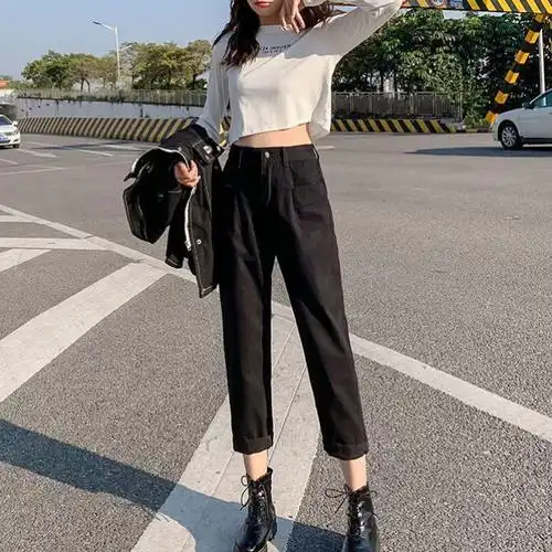 150八分裤女小个子2021新春秋搭配显高145cm矮黑色老爹直筒牛仔裤