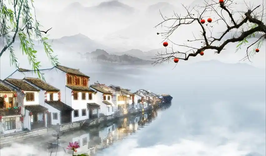 中国风 水墨画 湖 河流 小镇 柳树 4k壁纸_4k背景图片高清壁纸_墨鱼