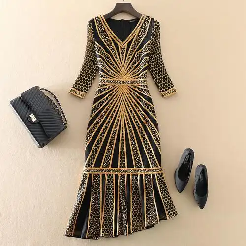 奢华大牌高端女装妈妈连衣裙修身显瘦大码礼服礼服