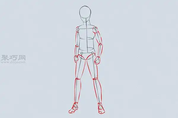 用线连接这些小部件,形成一个身体框架.2画头部和躯干.