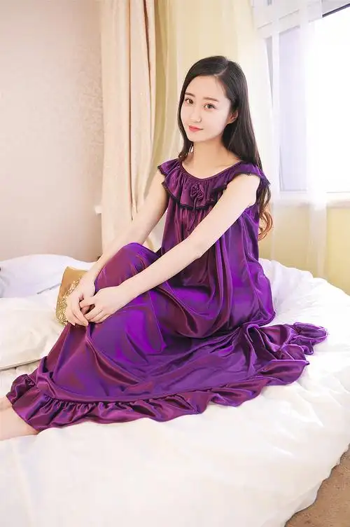 夏季女士冰丝睡衣蕾丝边睡袍性感丝绸睡裙薄长睡袍长裙子家居服装