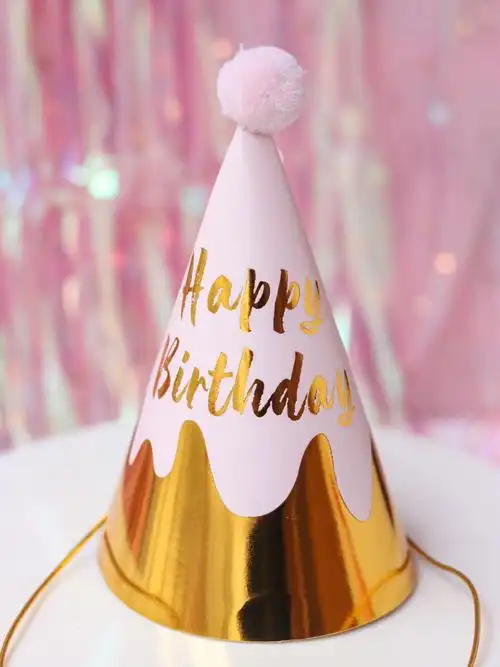 烘焙蛋糕装饰 卡通毛球粉嫩红条纹波点烫金装扮派对生日帽_双氙车灯