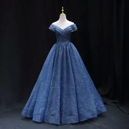 旗袍改良版晚礼服重工秀场红毯蓝色晚礼服晚会成人主持比赛学校