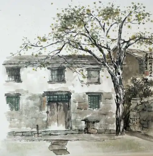 国画《山村老屋》