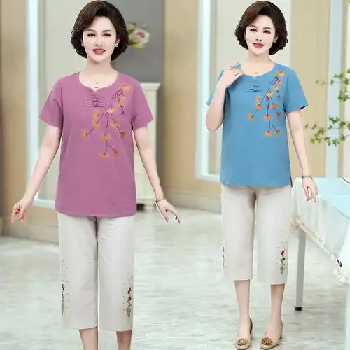 中老年人女夏装妈妈装休闲套装奶奶装短袖t恤上衣夏季棉麻两件套