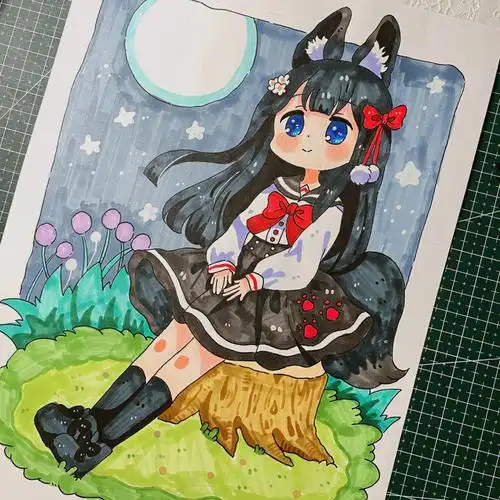 马克笔动漫手绘月光下的少女附线稿