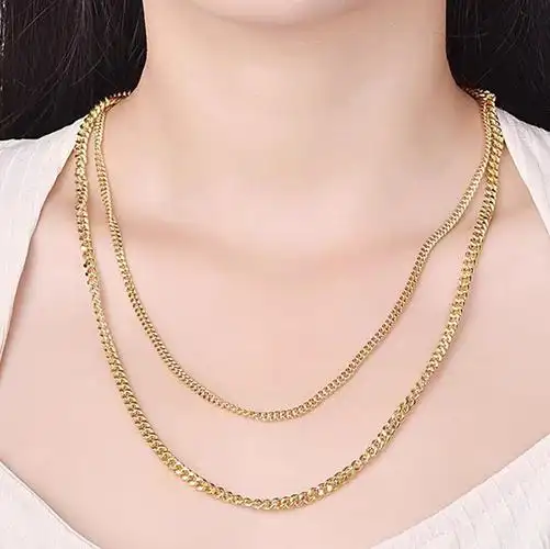 18k黄金古巴项链女欧美风金色嘻哈侧身链素金颈链女士锁骨链粗链