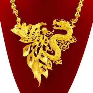 外贸新款橱窗金饰品新娘婚嫁仿黄金双喜龙凤流苏套链女款沙金项链