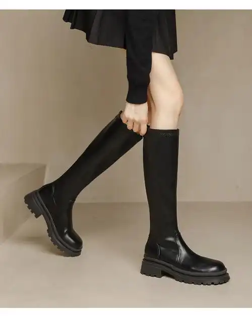 长筒靴腿粗后拉链厚底小个子中筒长皮靴秋冬新款高筒马丁靴女英伦长筒