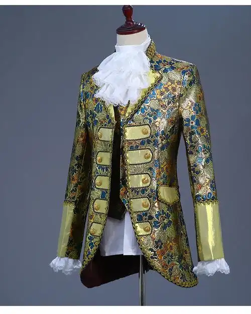 宫廷话剧演出服欧洲男士礼服白马王子舞台复古欧式表演服装成人款金镶