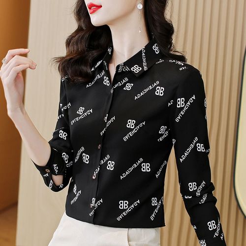 2022年新款春秋字母印花衬衫时尚洋气长袖气质白色黑色雪纺衬衣女