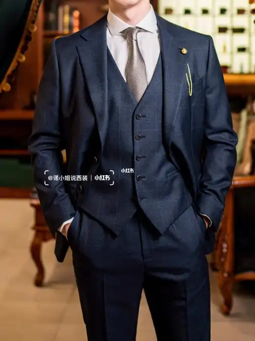 藏蓝色格纹西装婚礼穿绅士正式,商务穿内敛深沉97配饰会给整体穿搭