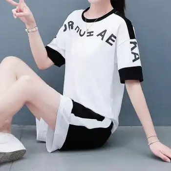 夏天女生穿的跑步短袖短裤套装大码女装洋气休闲短袖运动套装夏季显瘦