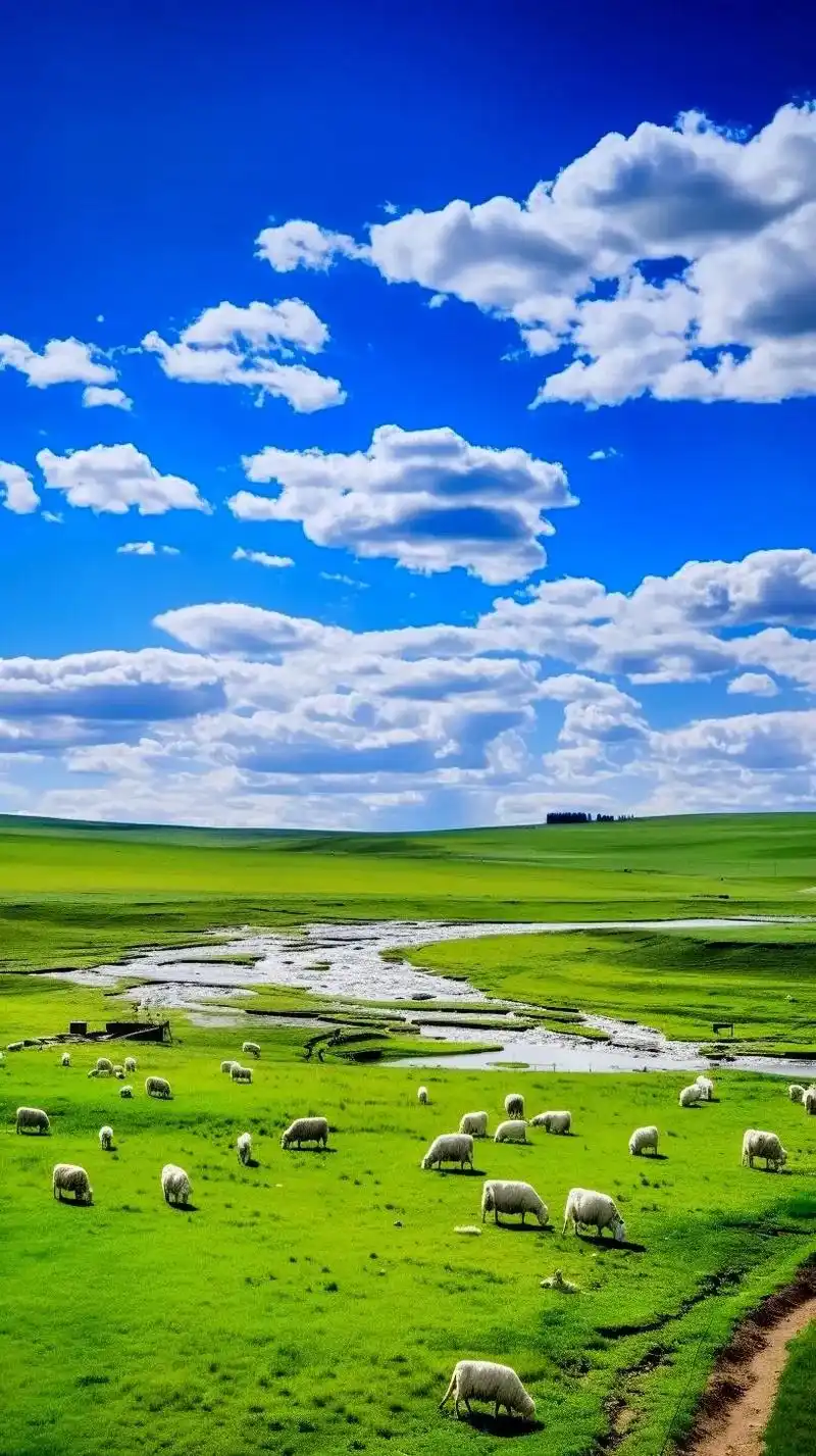草原壁纸4款.广袤的草原,青青的草地上万千牛羊飞奔,蓝天白云 - 抖音
