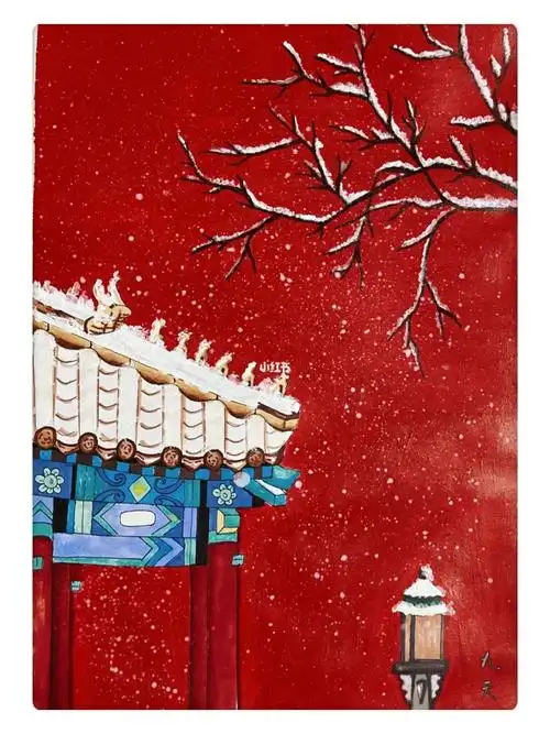 《故宫红墙雪景》零基础丙烯画