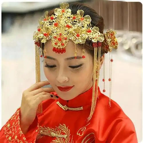 中式汉服新娘头饰套装流苏龙凤褂古风发饰结婚红色古装秀禾服凤冠