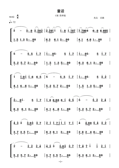 光良_童话_初学者c调简易版_钢琴双手简谱_钢琴简谱_钢琴谱童话光良