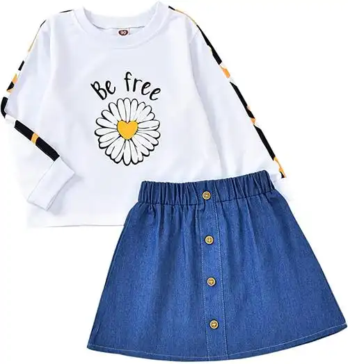 幼儿女孩衣服女孩秋季服装长袖可爱衬衫上衣和牛仔短裙服装套装