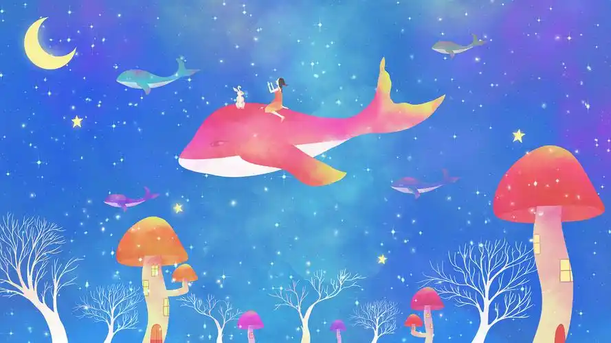 鲸鱼视频素材蓝色唯美梦幻小清新鱼与女孩童话保护动物卡通插画视频