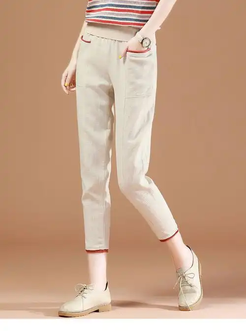 品质精选官方旗舰店棉麻裤子女七分裤夏季薄款高腰韩版宽松休闲裤40岁
