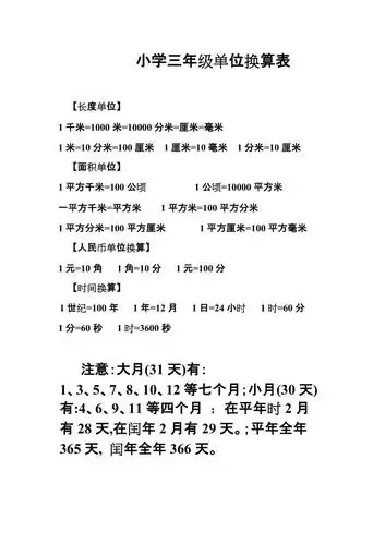 小学三年级数学单位换算表