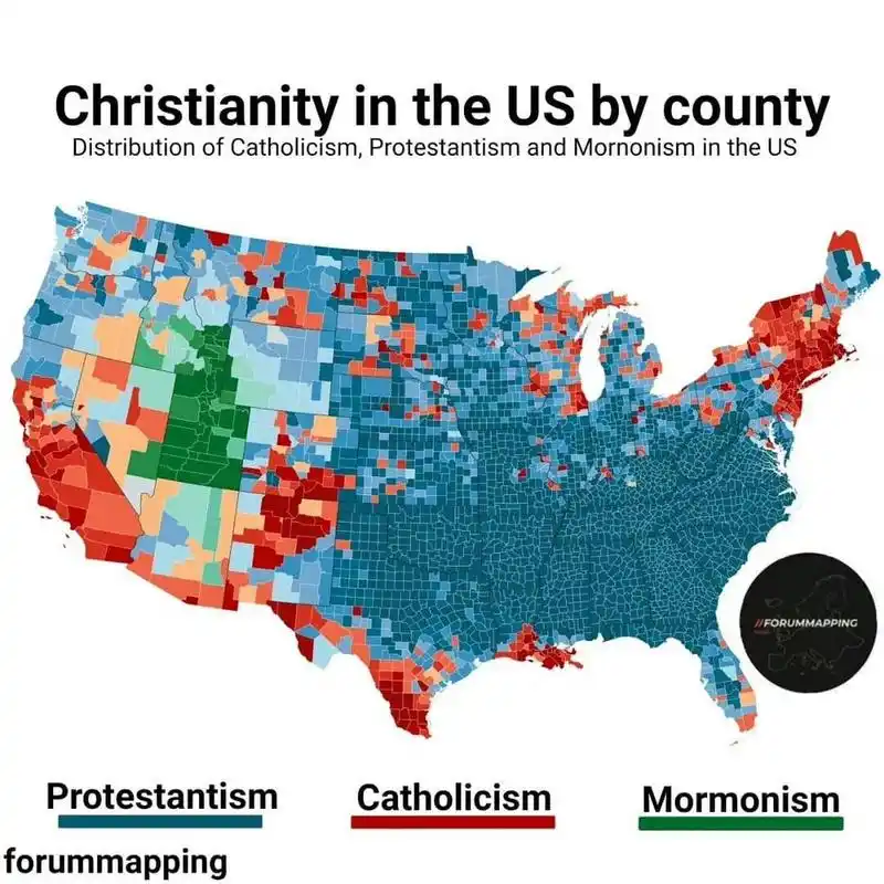 新教,天主教,摩门教在美国分布情况