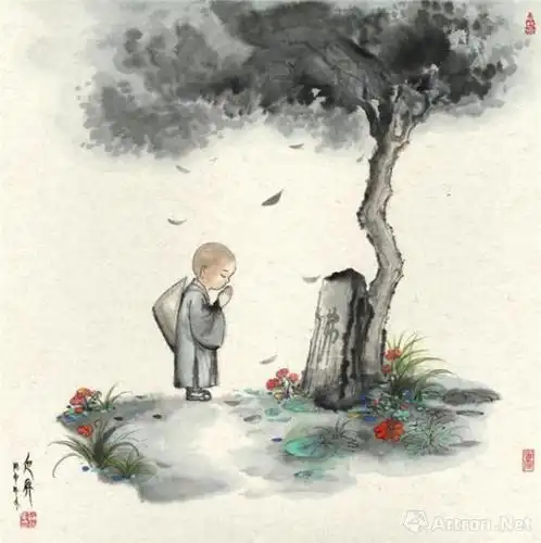 《水墨禅画小和尚系列:礼佛》  权迎升 50x50cm 2016年 纸本水墨