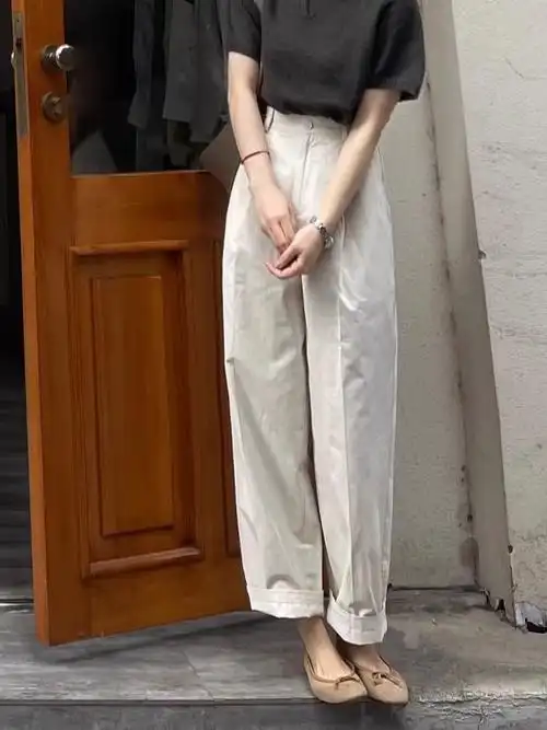 时髦轻奢白色休闲裤女春夏季新款纯棉高腰显瘦直筒宽松垂感九分