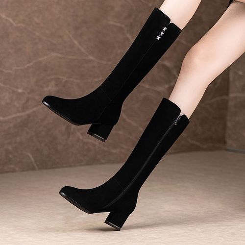 磨砂真皮不过膝长筒靴女粗跟2022冬季新款圆头中跟长靴子加绒女靴