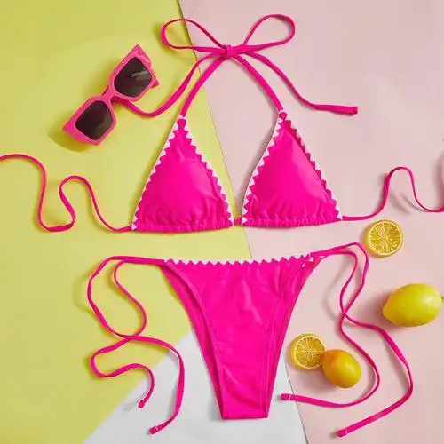 欧美女泳装亚马逊泳衣速卖通比基尼跨境ins新款花牙系带玫红三点