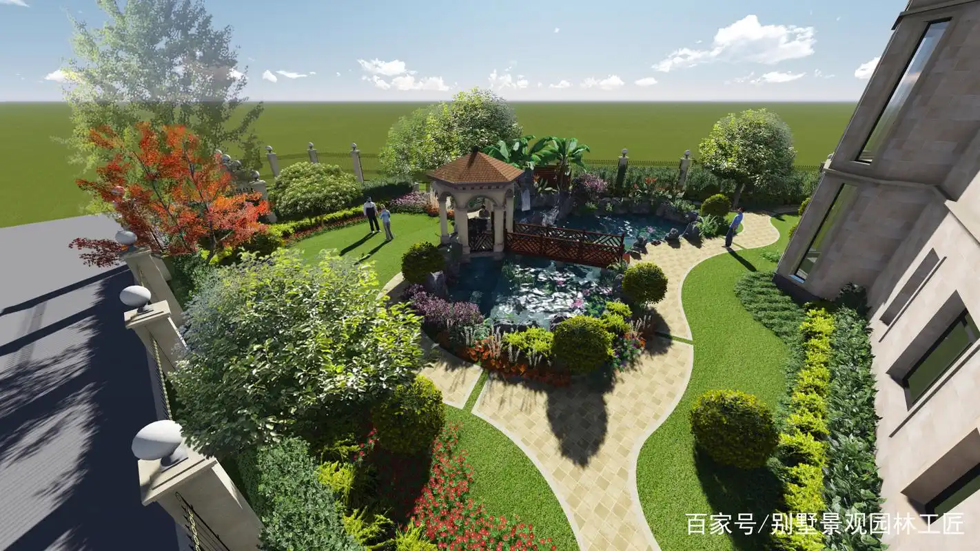 双拼别墅合二为一 花园景观不简单 鱼池假山凉亭名树菜地全都有