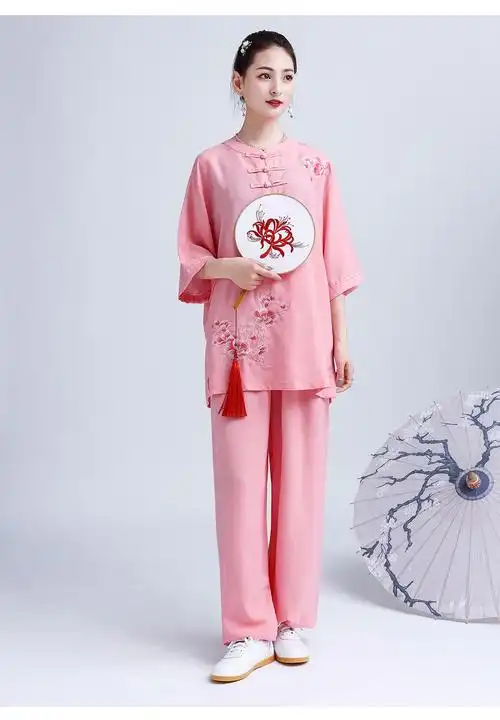 太极服女棉麻七分袖短袖刺绣新款玉兰花太极拳比赛武术运动服装橘色