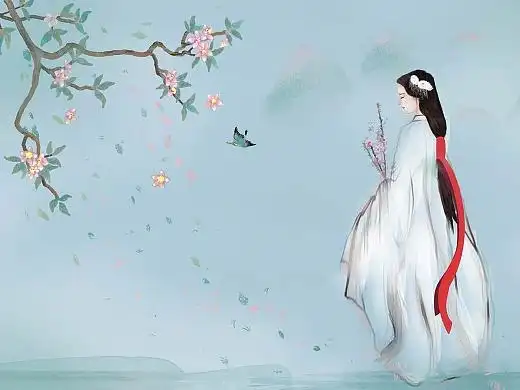 水墨古风古风意境汉服女子桃花花枝唯美
