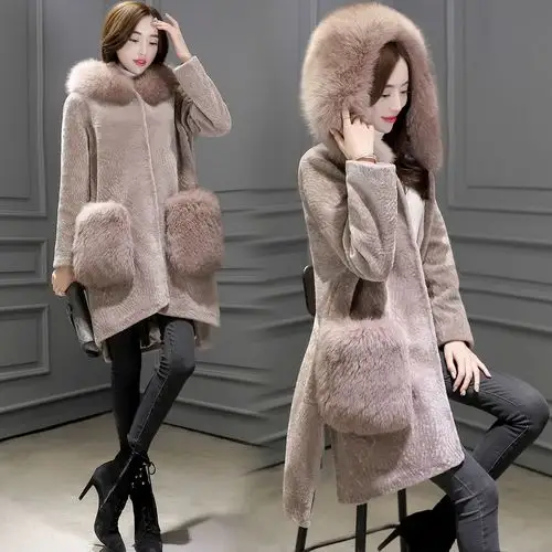 2016冬装新款女装韩国时尚中长款毛呢外套女羊羔毛加厚连帽呢大衣