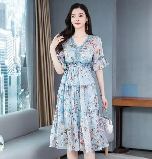贵夫人阔太太大码a字连衣裙夏装2021年新款收腰显瘦气质女士裙子
