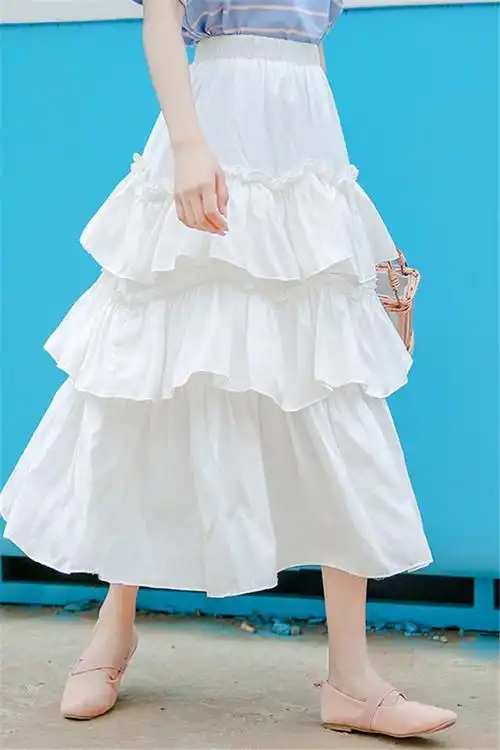 白色蛋糕裙半身裙女中长款学生显瘦2019新款夏不规则层层白裙