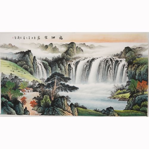 纯手绘六尺山水画福地安居客厅装饰挂画办公室聚宝盆招财国画0791