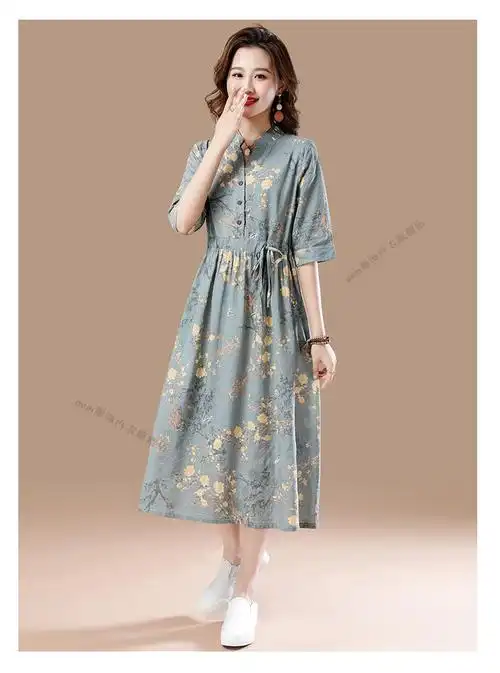 素素棉麻女装夏季中年妈妈棉麻连衣裙夏装新款苎麻气质裙子洋气时尚