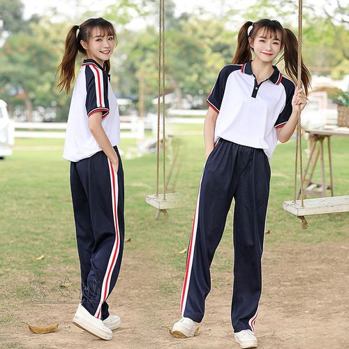 套装汕尾海陆丰中学生校服女班新款夏季红杠情侣装学生校服
