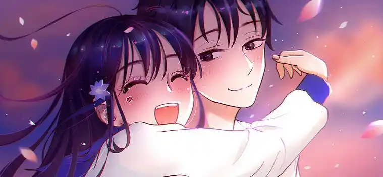 唯美情侣二次元少女动漫两个人夕阳晚霞拥抱开心快乐插画图片下载