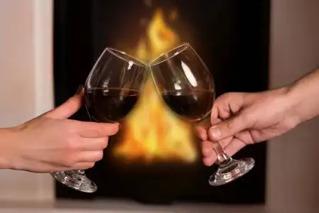 两个酒杯火男人和女人手在家里点燃的壁炉前敬酒酒杯.