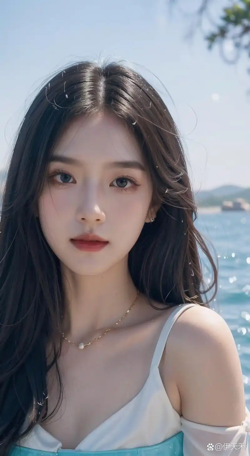 95  94看这位长发飘飘,皮肤白皙的美女,身穿白色与蓝色交织的吊带