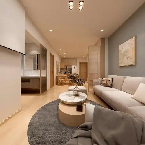 70平米日式风格二室客厅装修效果图,背景墙创意设计图