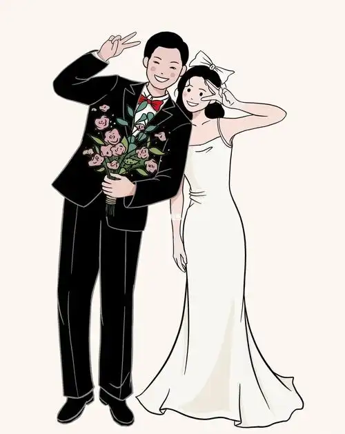 手绘婚纱照线条简约卡通风