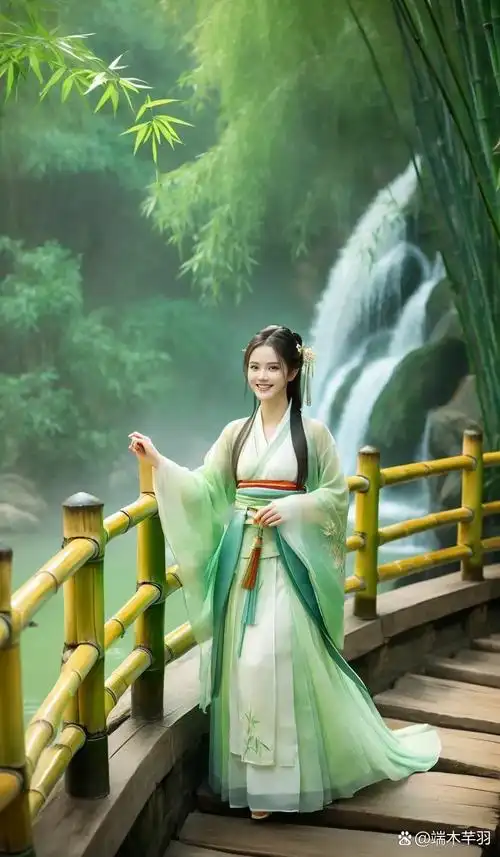 图中那古装少女,宛如诗中仙子,踱步于木桥之上.