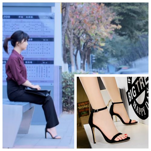 向风而行程霄谭松韵同款夏季高跟鞋女细跟高跟绒面一字带露趾凉鞋